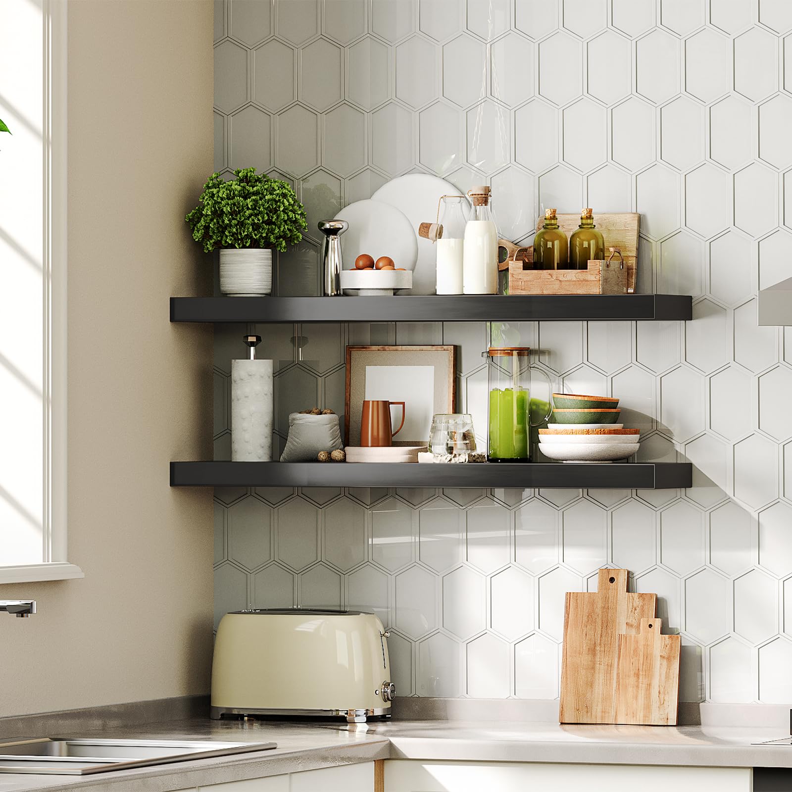 Floating Shelves, Wall Shelf Set of 4, 23.6" & 39.4" Hanging Shelf with Invisible Brackets