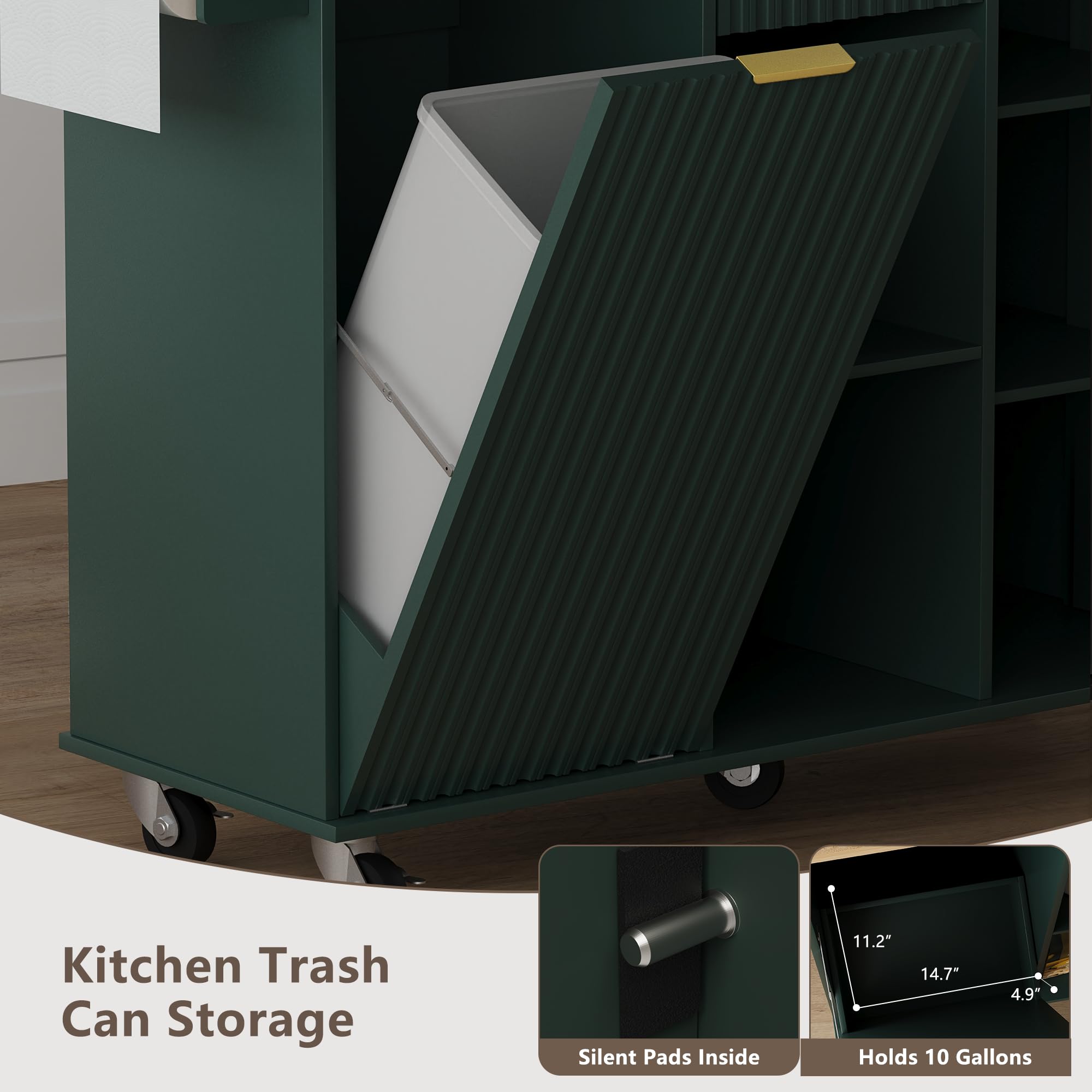 win2win Rolling Kitchen Island with Trash Can Storage, Portable Kitchen Island with Drop Leaf, Modern Farmhouse Kitchens Cart on Wheels with Fluted Design, Towel Rack, Spice Rack, Olive Green