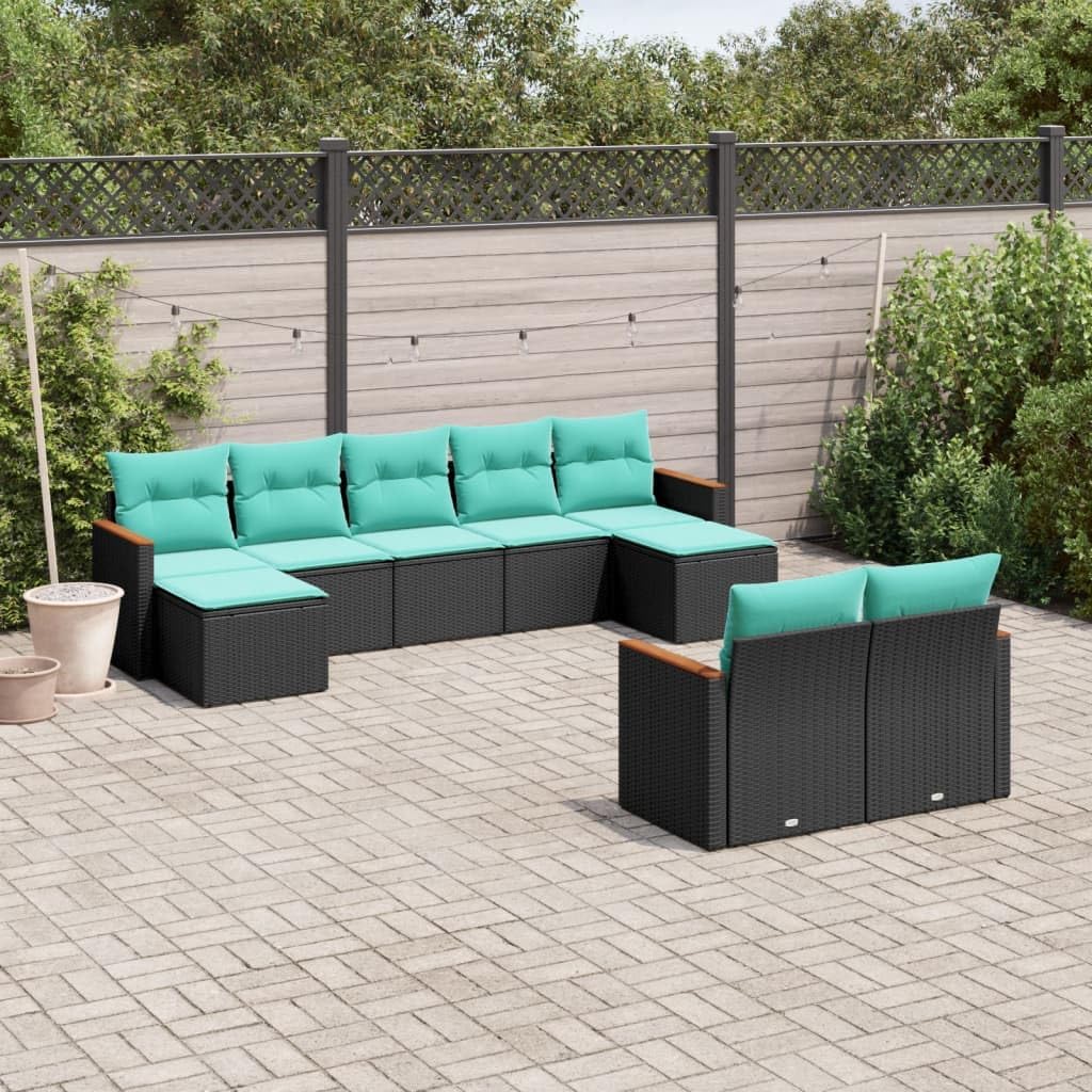 Patio Sofa Set with Cushions - 9 Piece Black Poly Rattan Outdoor Furniture
