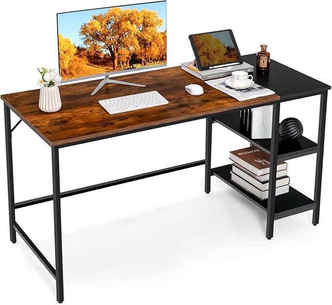 55” Computer Desk, Large Home Office Desk with 2-Tier Storage Shelvesud