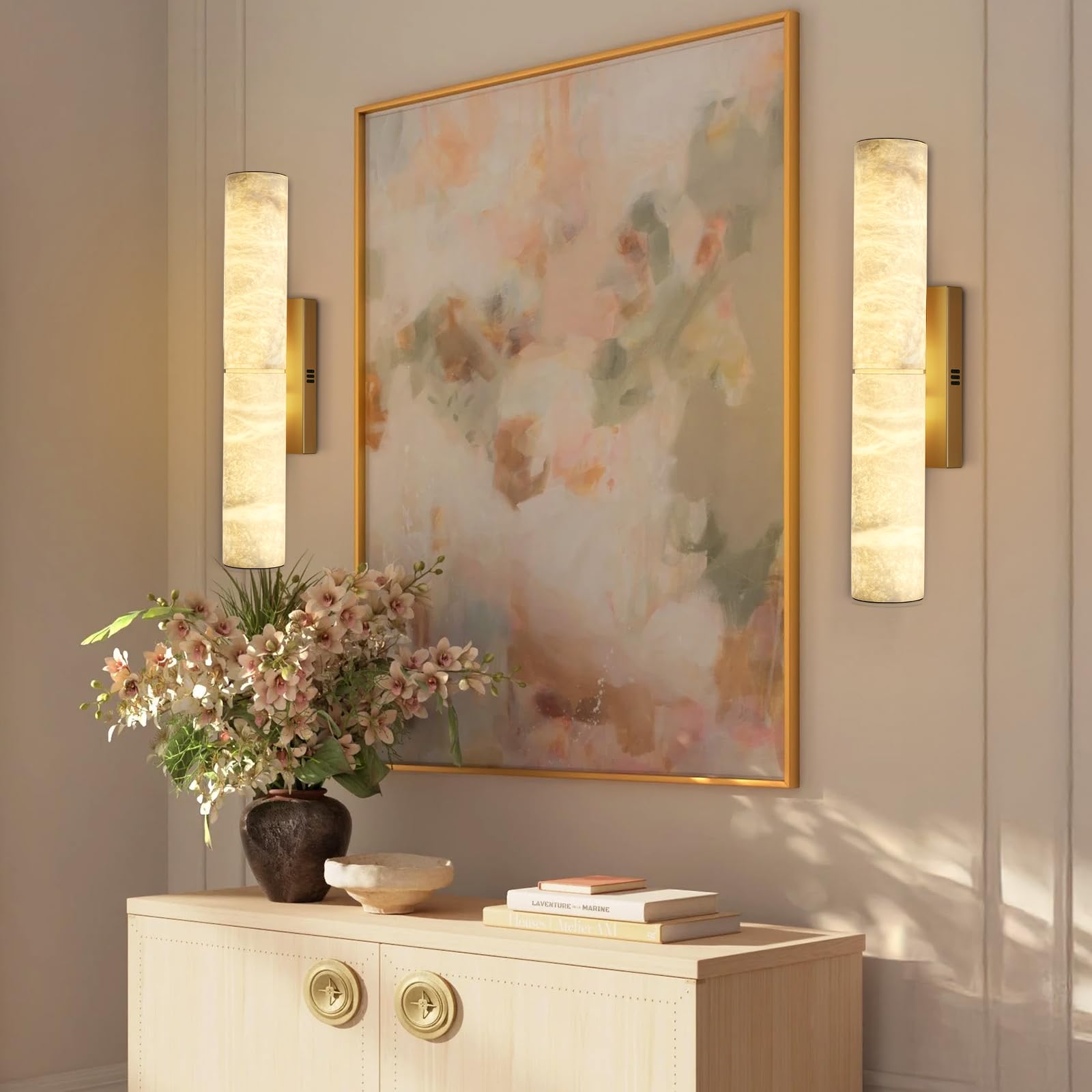 Brass Alabaster Wall Sconces, 20" Natural Marble Wall Sconce