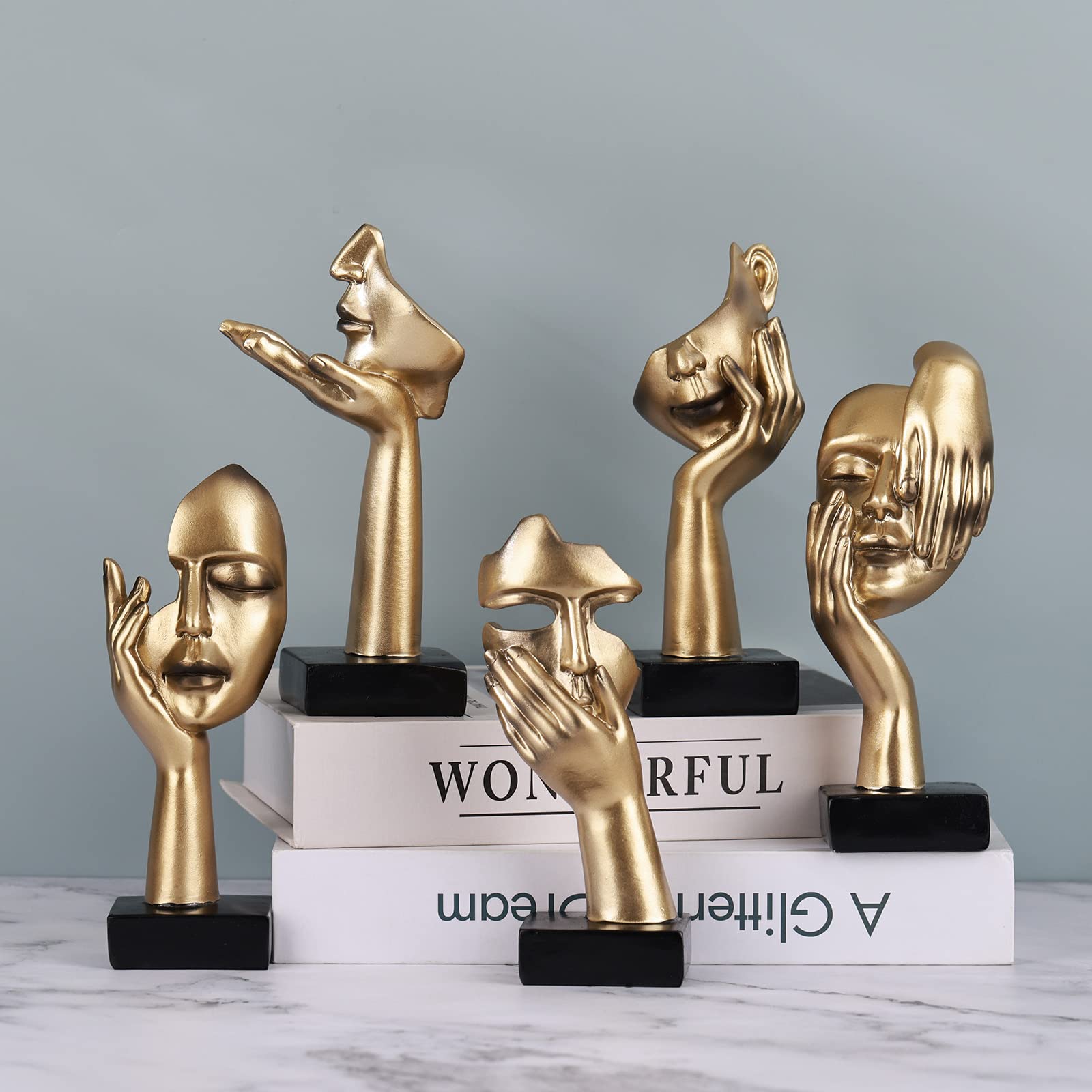 3 Pcs Thinker Small Statue Set - Black Gold Abstract Art Figurines Home Living Room