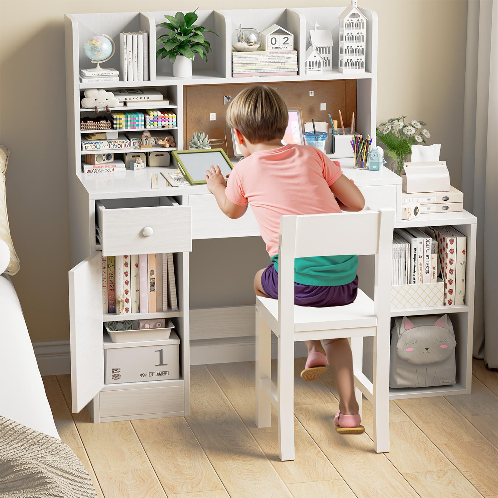 Kids Desk and Chair Set, Kids Study Desk with 2 Draws & 4 Cabinet, Kids Study