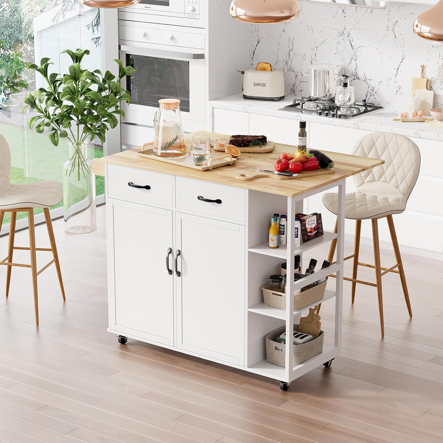 Rolling Kitchen Island with Storage, Portable Kitchen Island Cart with Drop Leaf Countertop