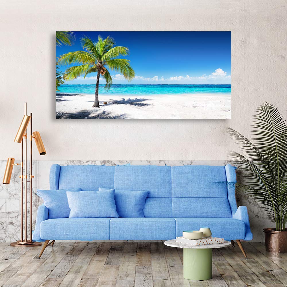 Large Canvas Wall Art Summer Ocean Waves Coconut Trees on Sands Beach