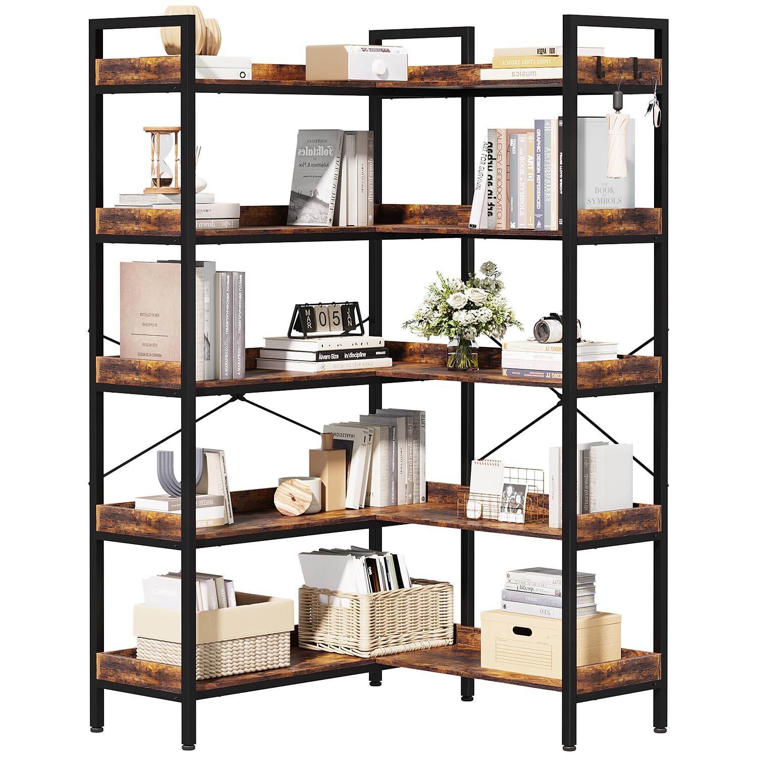 5-Tier Bookshelf Reversible,Corner Bookcase 4 Hooks