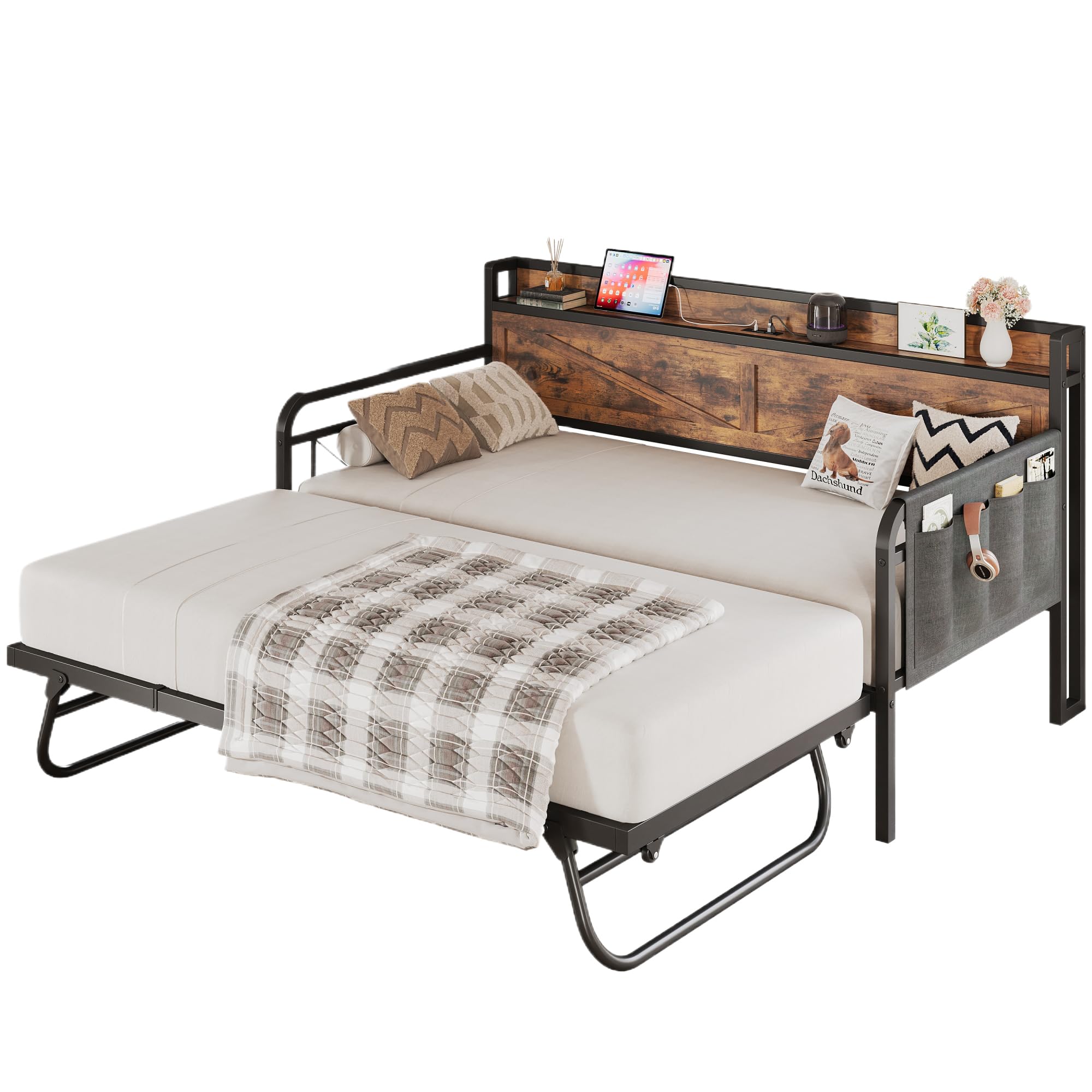 Twin Daybed with Trundle Bed, Storage Headboard with Charging Station, Sofa Day Bed