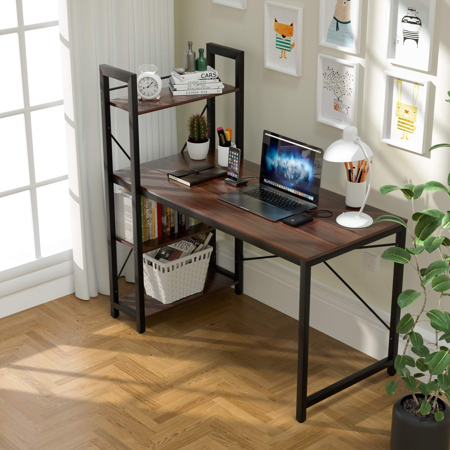 Computer Desk with Shelves, Modern Office Desk with 4-Tier Shelf