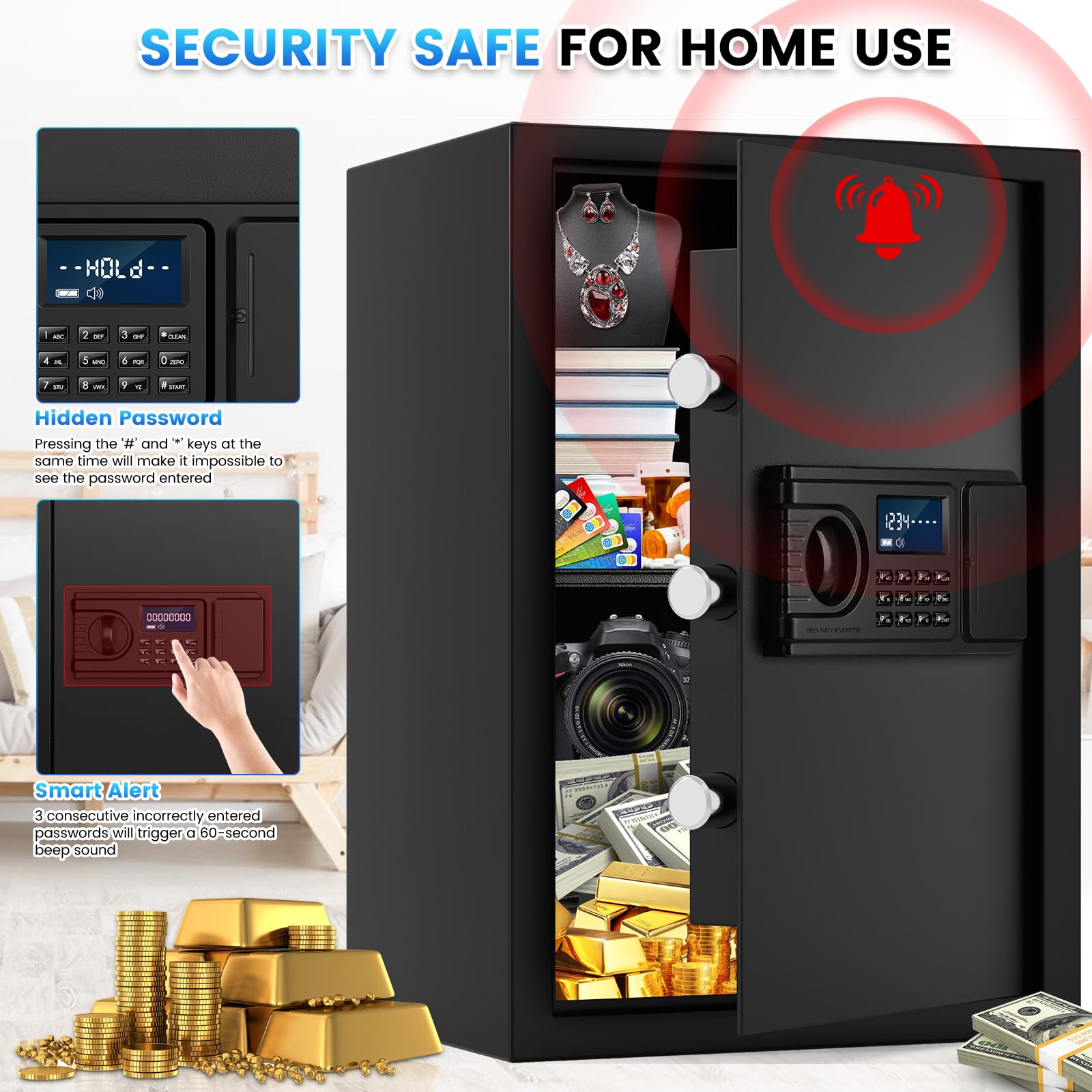 2.6 Cuft Fire Proof Safe for Home Documents, Home Safes Fireproof Waterproof, Fireproof Safe Box with LCD Digital Keypad, Alarm System, Hidden Code, Safety Box For Money Medicine Jewelry