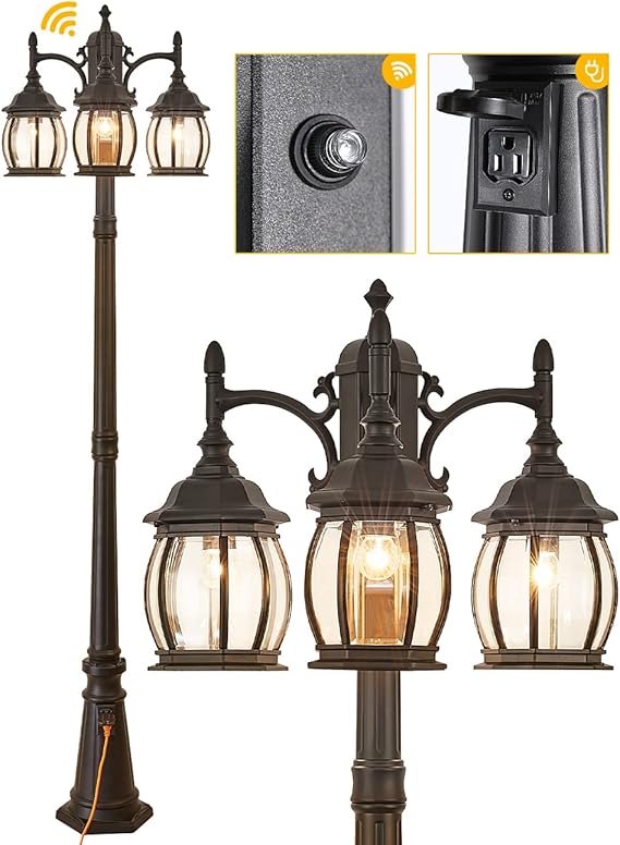 Solar Powered Outdoor Post Light 82.7" H 3-Headed Lamp Post with Dusk