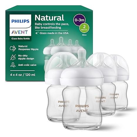 Avent Natural Glass Baby Bottles with Natural Response Nipples (Medium Flow, Flow 3)