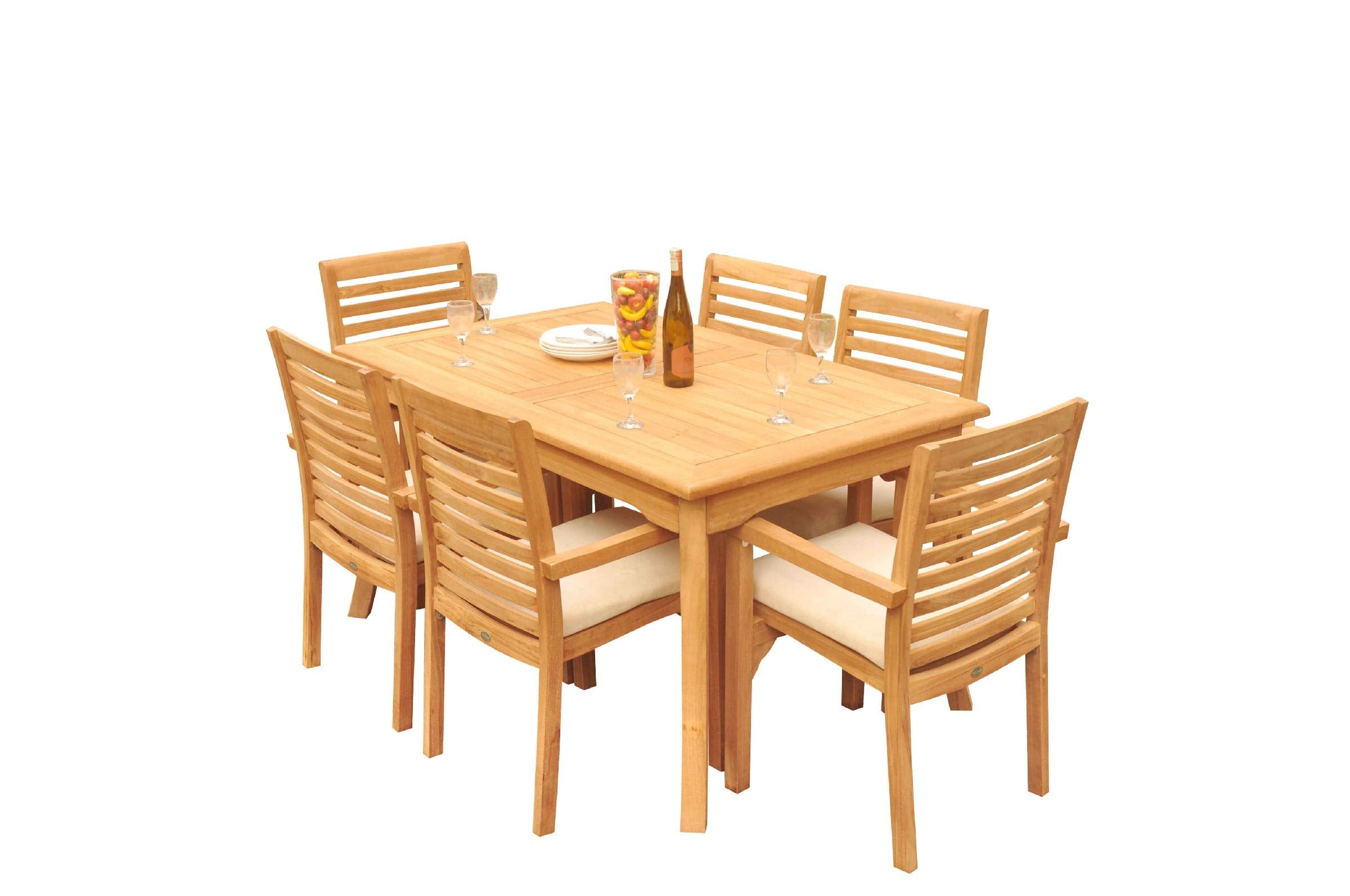 6 Seats 7 Pcs Grade-A Teak Wood Dining Set: 60" Rectangle Table and 6 Hari Stacking