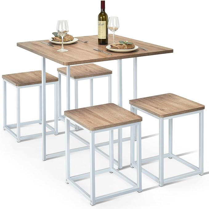 5 Piece Dining Table Set, Dining Set for 4 with Square Stools