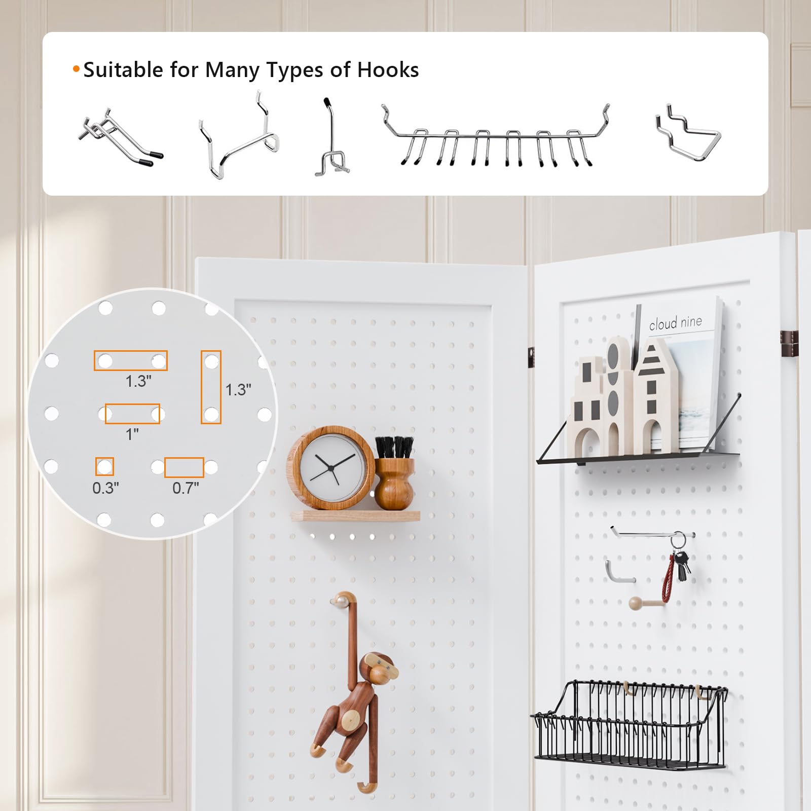 VINGLI Freestanding Pegboard with Support Feet, 5 FT Wood Room Divider Display Board Organizer, Folding Privacy Screen Partition Space Separator for Craft Shows Events Retail (White, 6 Panel)