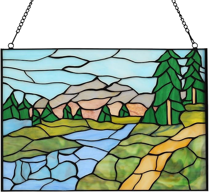 Rectangular Lily Stained Glass Window Hanging Tiffany Style Handmade 16" X 11" Purple