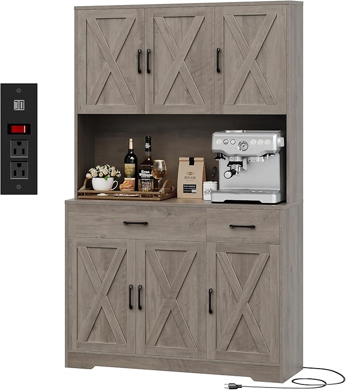 Cabinet with Charging Station, Tall Kitchen Pantry Storage Cabinet with Microwave