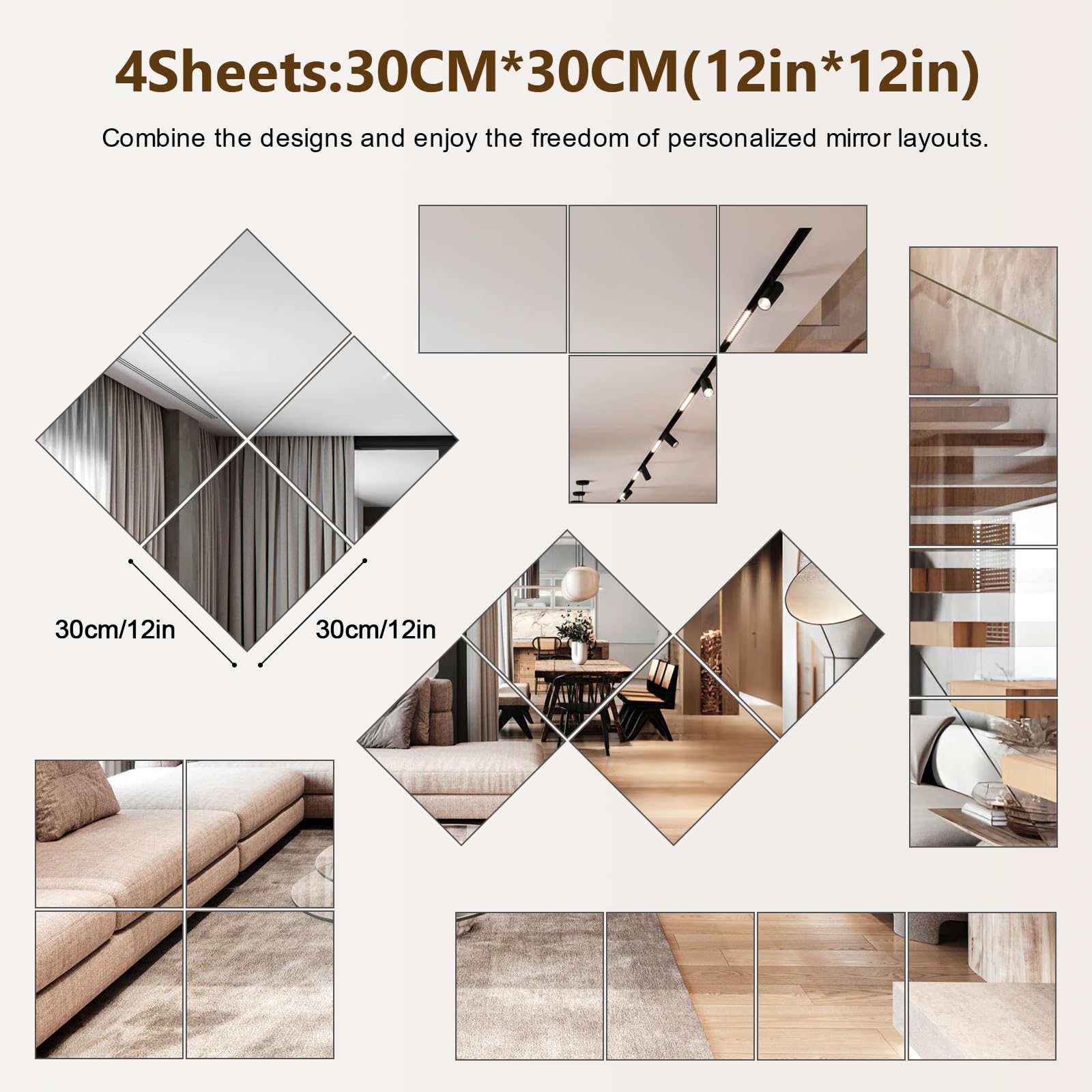 Shiftshade 4 Pack Wall Mirror Full Length, 12 x 12 Inch Acrylic Mirror Tiles, Shatterproof Flexible Plastic Mirror Sheets for Bedroom Home Gym Door