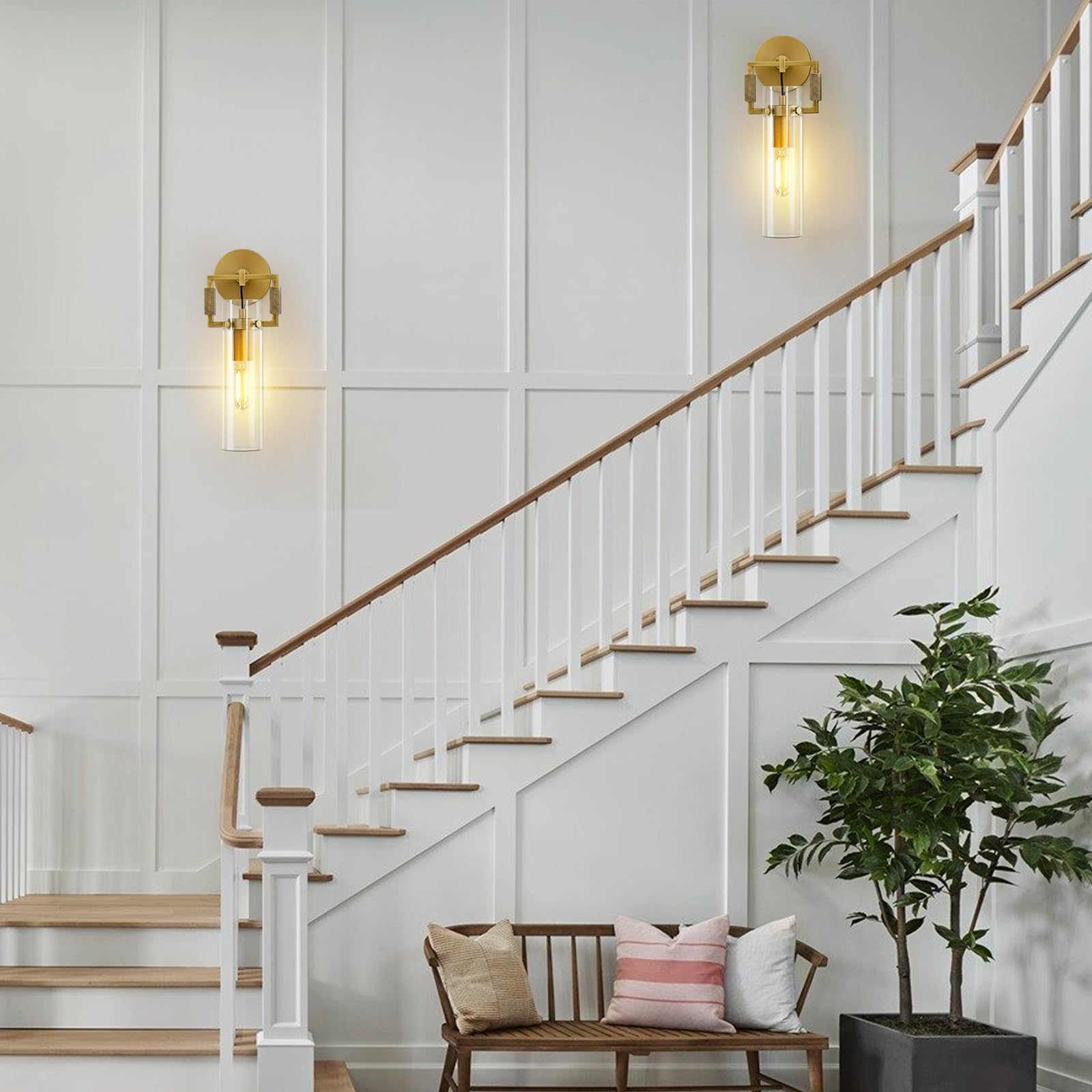 Modern Gold Indoor Wall Sconces Set of 2, 15'' knurled Brass Bathroom Wall Sconces