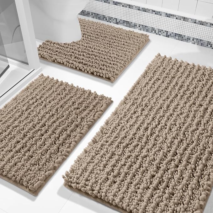Bathroom Rugs Sets 3 Piece, Fluffy Plush Chenille Bath Room Mats Set