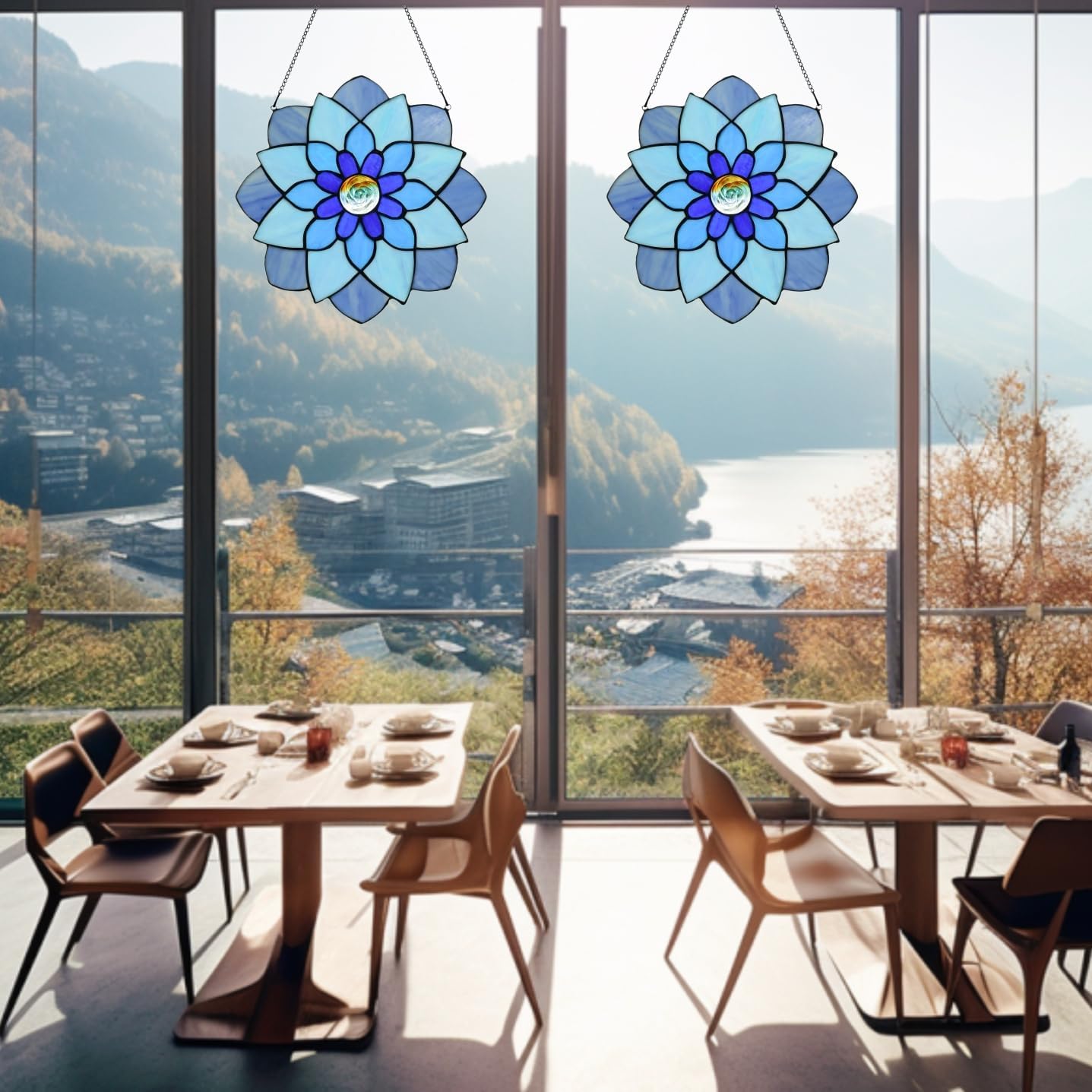 12 Inch Round Stained Glass Window Panel Tiffany Style Ornament Handmade Blue