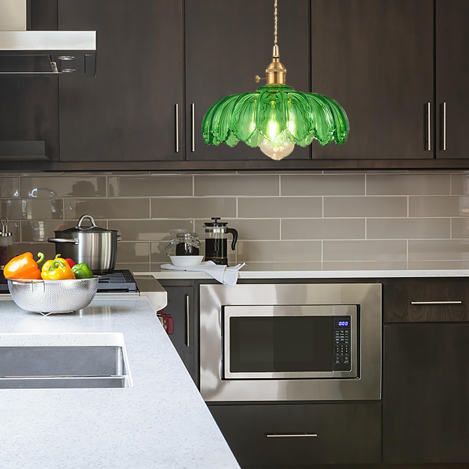 Grass Green Glass Pendant Light Fixtures Medium 9.8 Inches Lampshade Gold Brass Finish