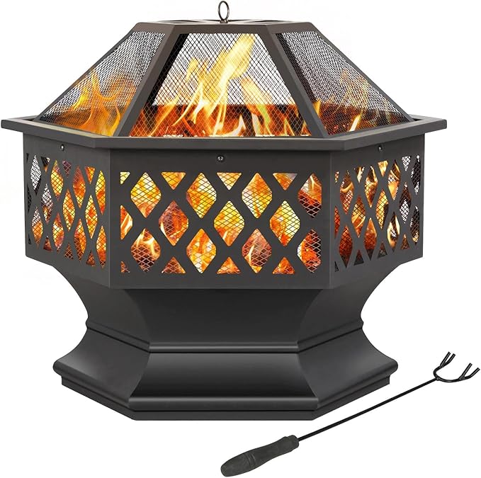 Portable Fire Pit Outdoor Firepit with Mesh Sides Cover Poker Steel Heater