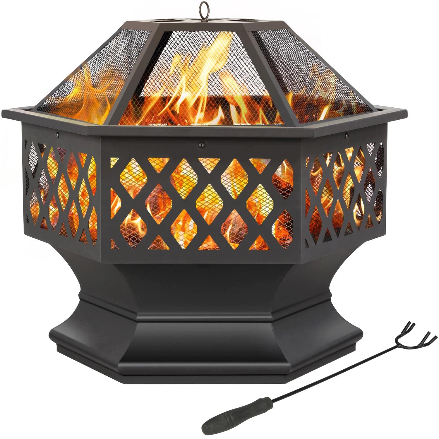 Portable Fire Pit Outdoor Firepit with Mesh Sides Cover Poker Steel Heater