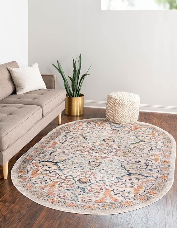 Lola Collection Area Rug - Vivacious (7' 10" x 10' 2" Oval, Brick Red/Blue)