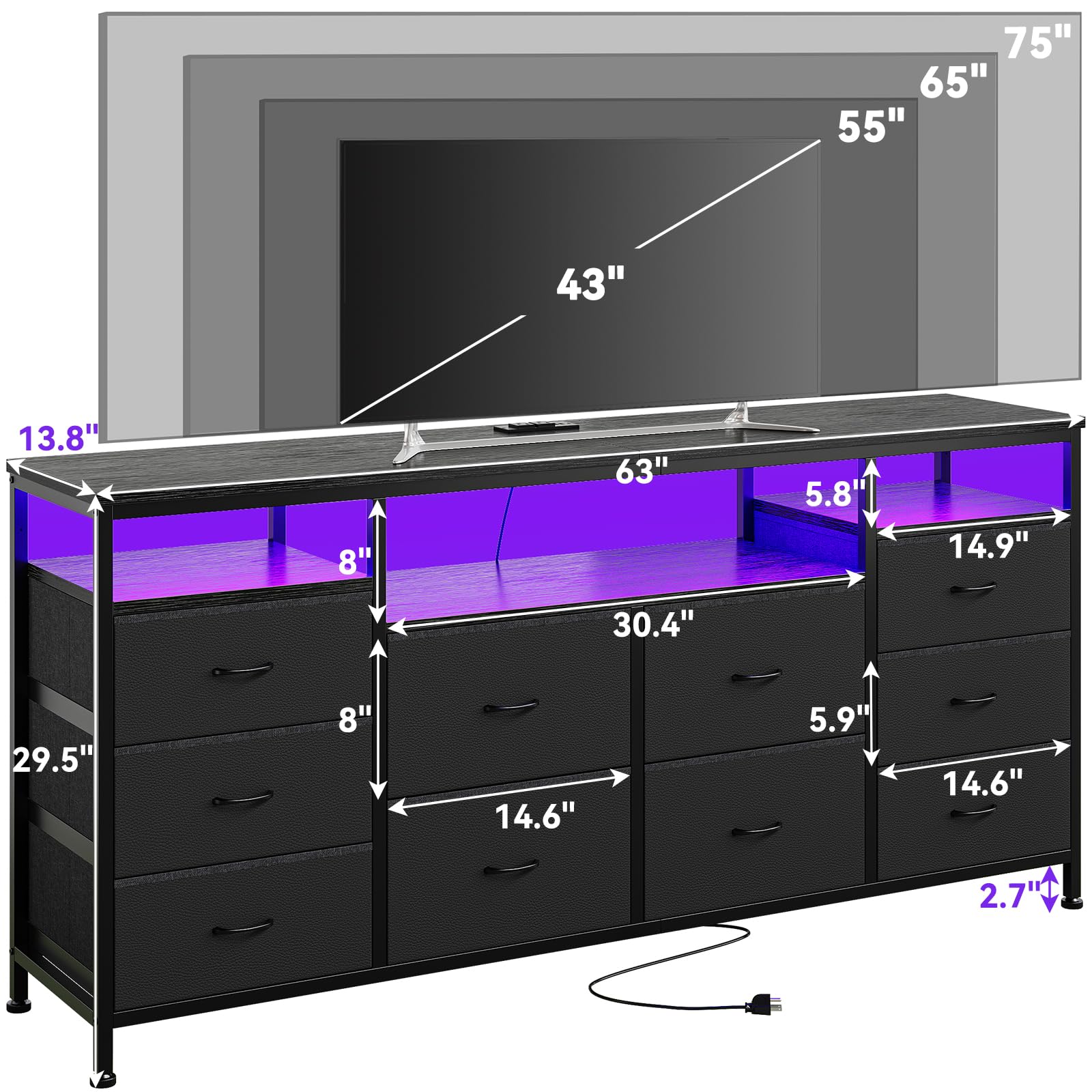 63.3 Inch Black Dresser for Bedroom, 10 Drawer Dresser TV Stand,living room