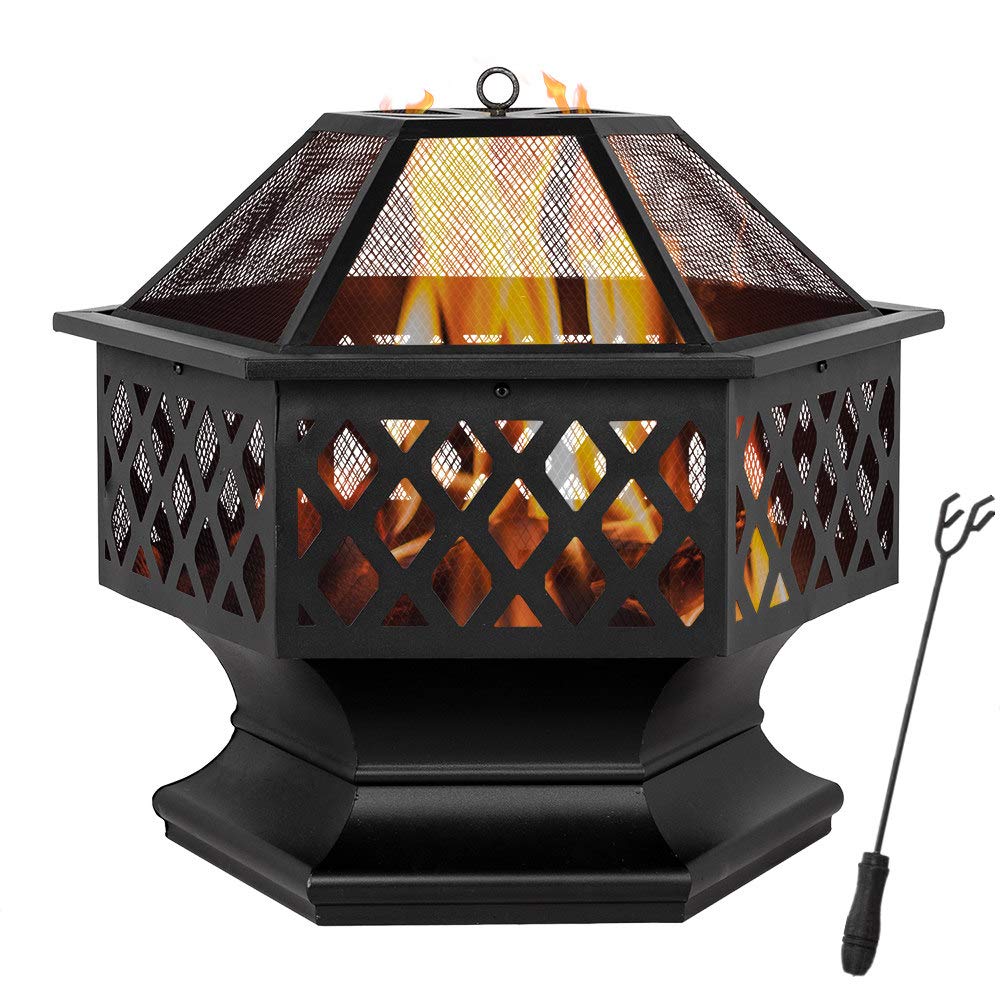 Pits 27in Hexagonal Metal Fire Bowl Outdoor Firepit Backyard Patio Wood
