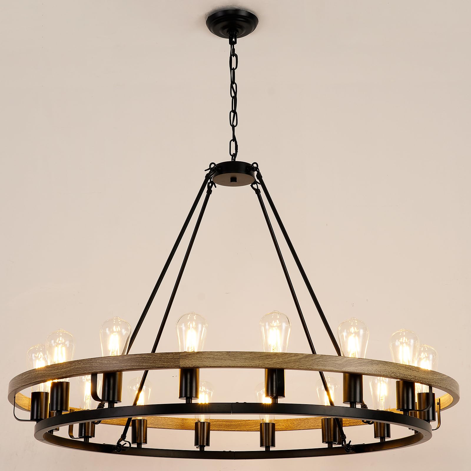 Chandelier 16-Light 39-Inch, Black and Oak Wood Tone Finish Round Rustic