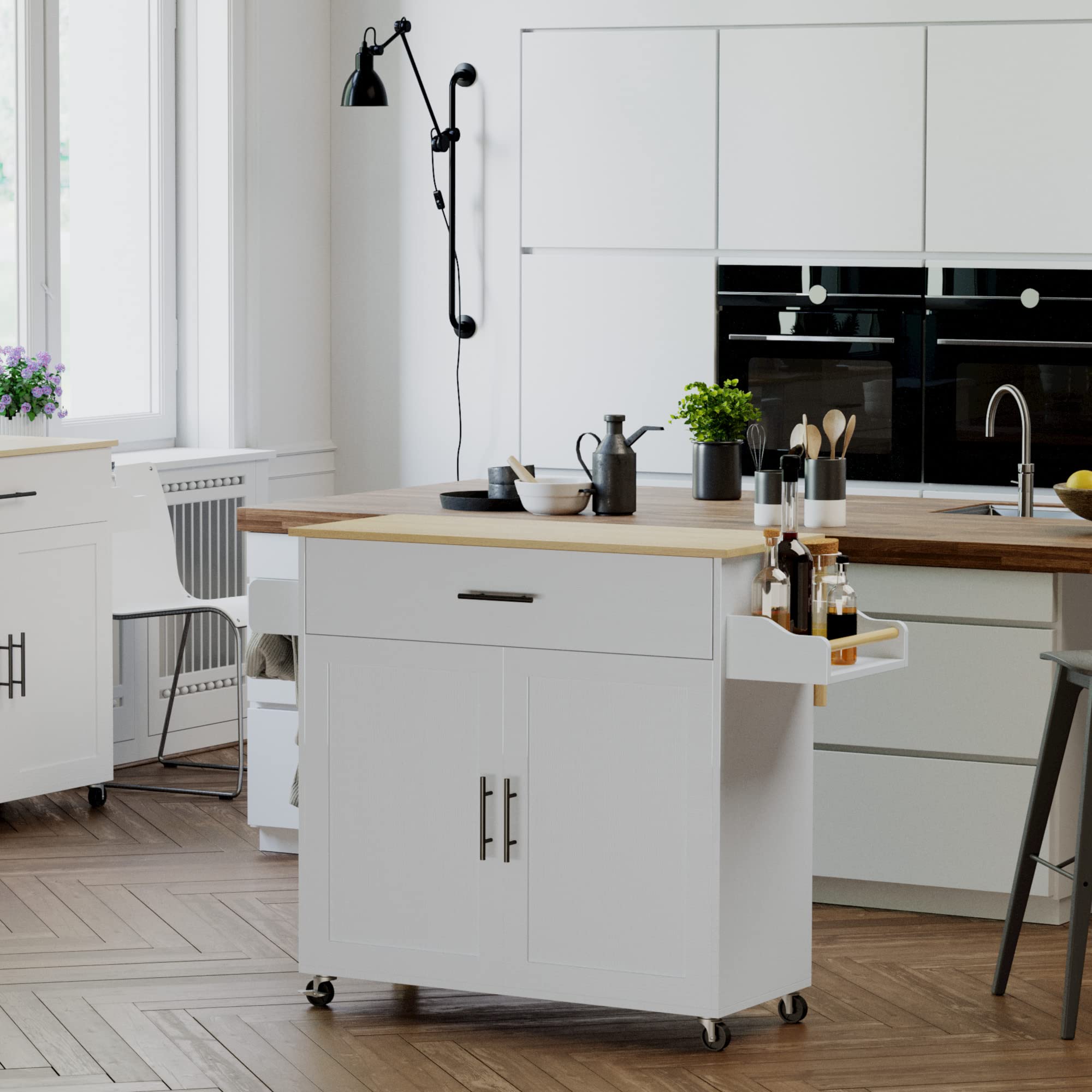 Rolling Kitchen Island Table on Wheels with Drop Leaf, Storage Cabinet