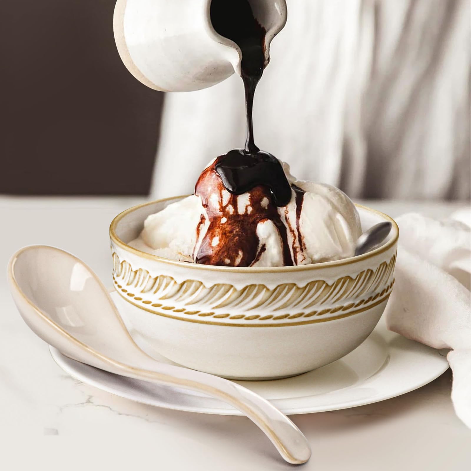 Soup Bowls 32 OZ, Cereal Bowls & Soup Spoons, Embossed Ceramic Pho Bowl