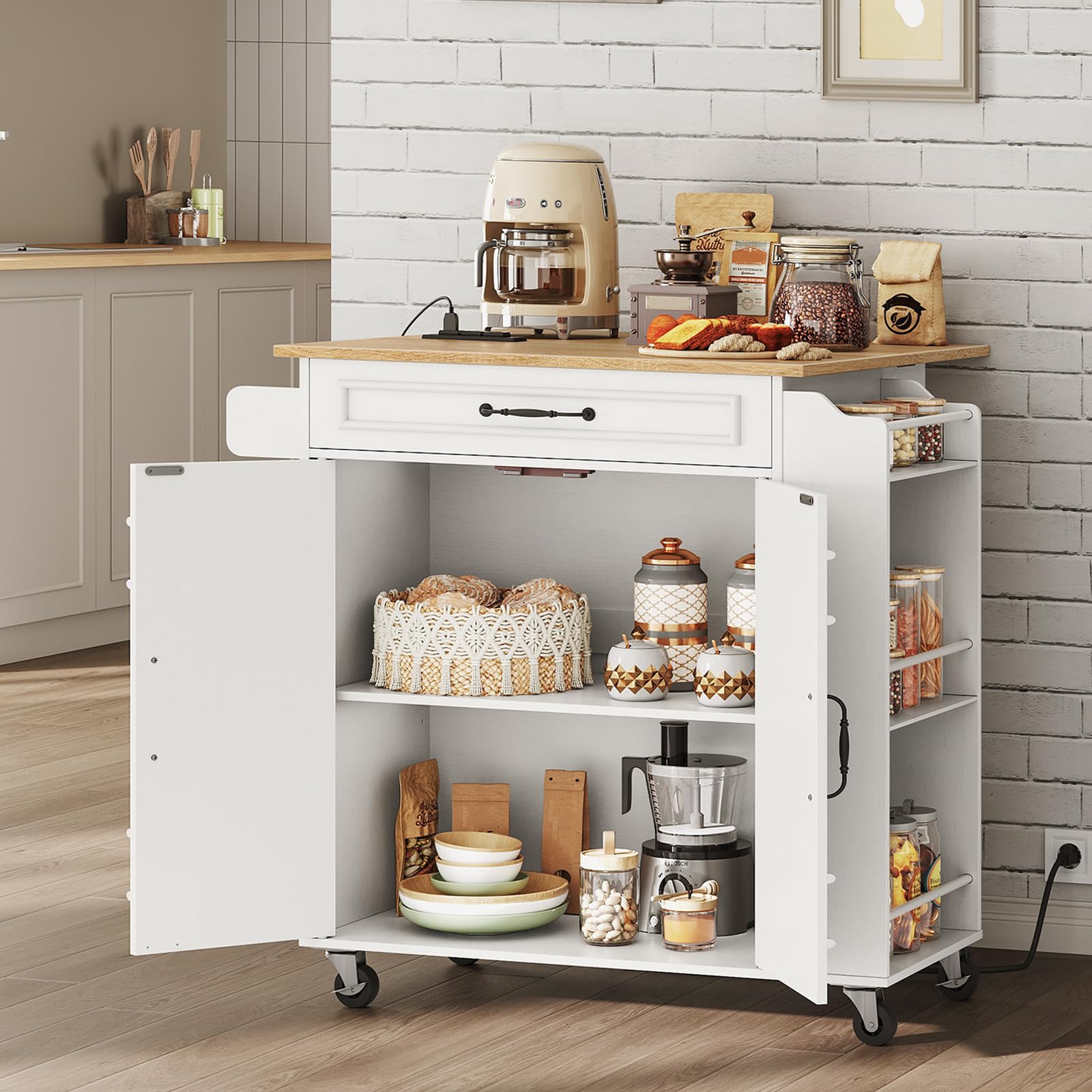 Kitchen Island with Power Outlets & Drop Leaf, Rolling Kitchen Cart on Wheels