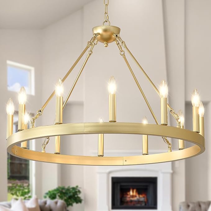 Wagon Wheel Chandelier 32" 12-Light, Round Black Chandeliers Farmhouse Modern