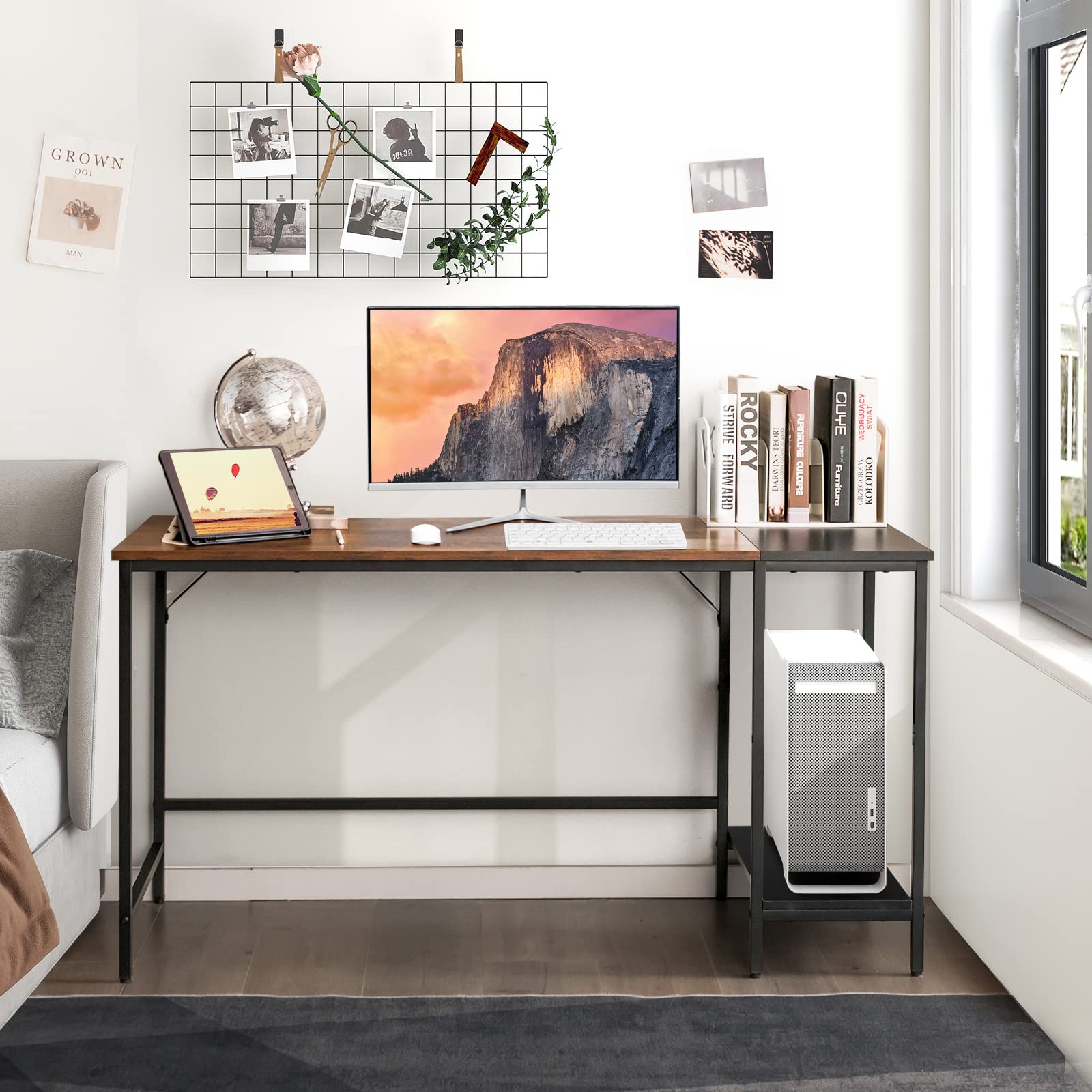 55” Computer Desk, Large Home Office Desk with 2-Tier Storage Shelvesud