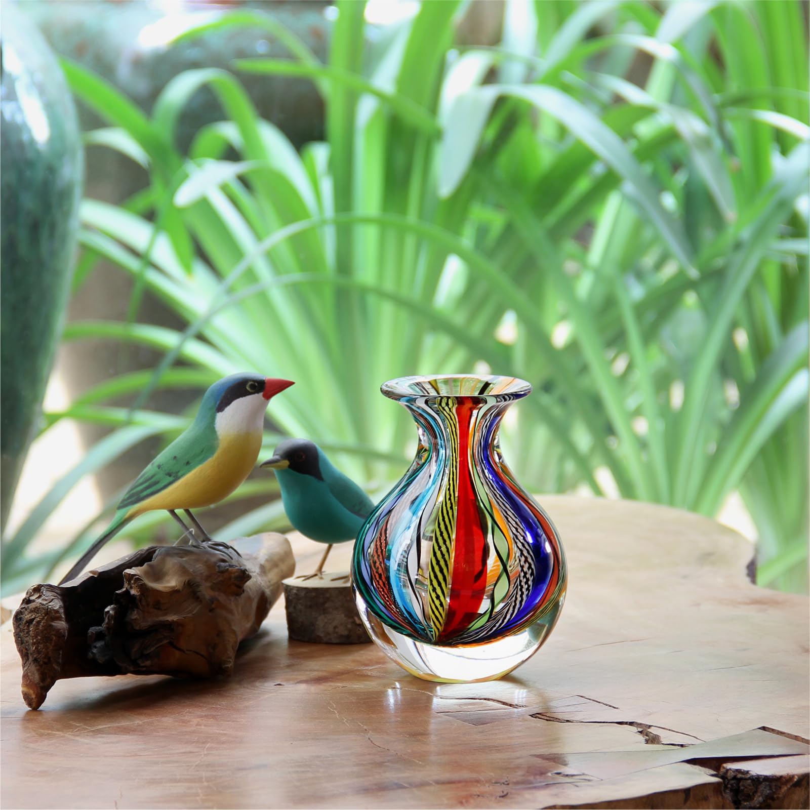 Glass Vase Boho with Colored Canes Hand Blown Murano-Style Art Glass