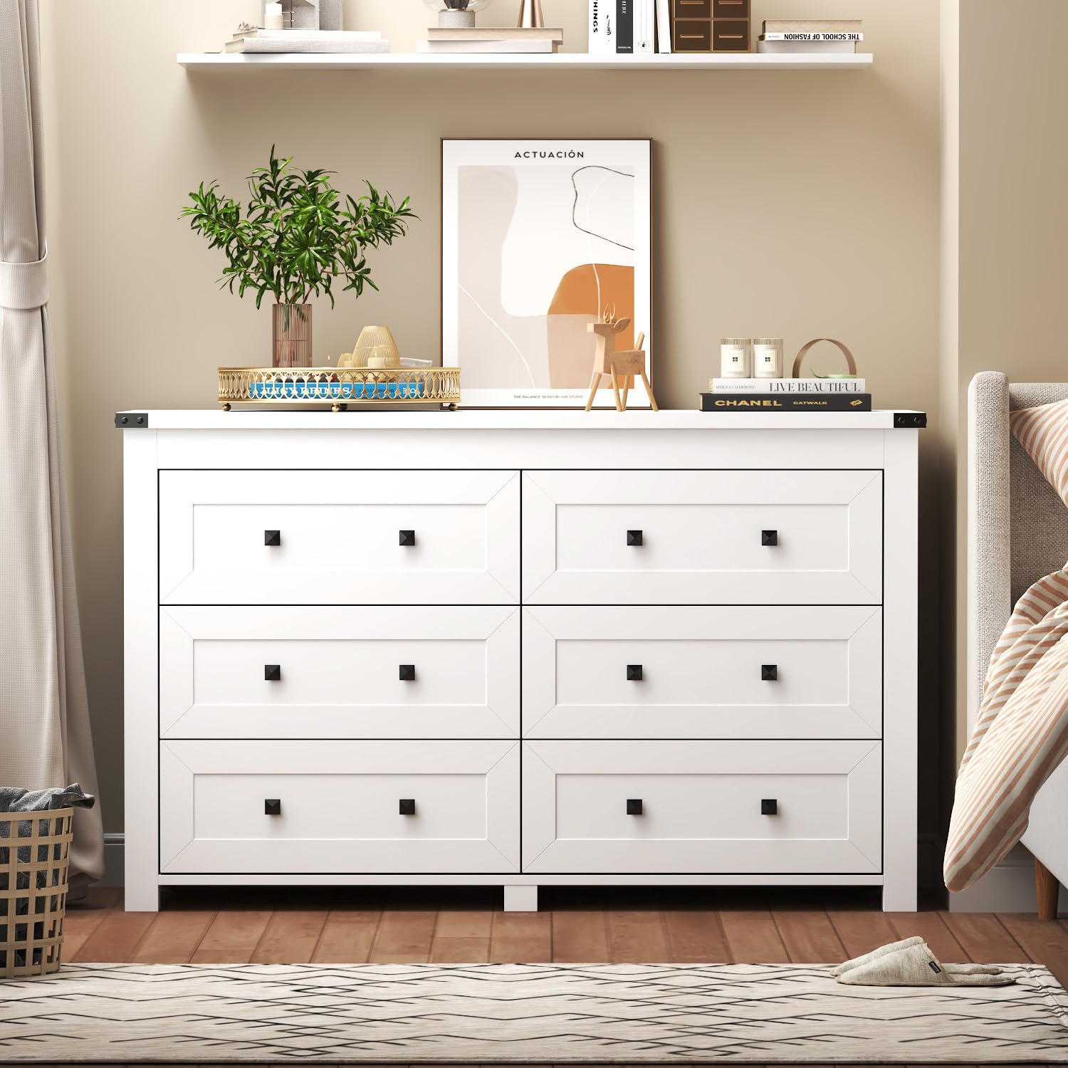 White Dresser for Bedroom, 6 Drawer Wood Chest of Drawers