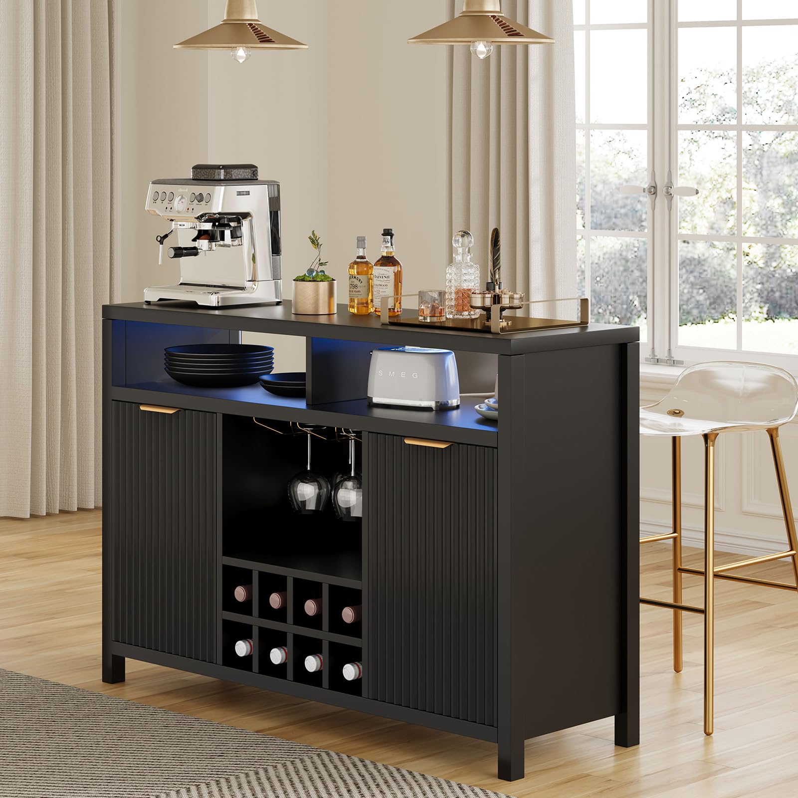Fluted Home Bar Wine Cabinet with LED Light, Charging Station, Wine Rack - Buffet Cabinet with Storage, Coffee Bar Table, Stylish Fluted Credenza Cabinet for Modern Home Kitchen 47.2" Black