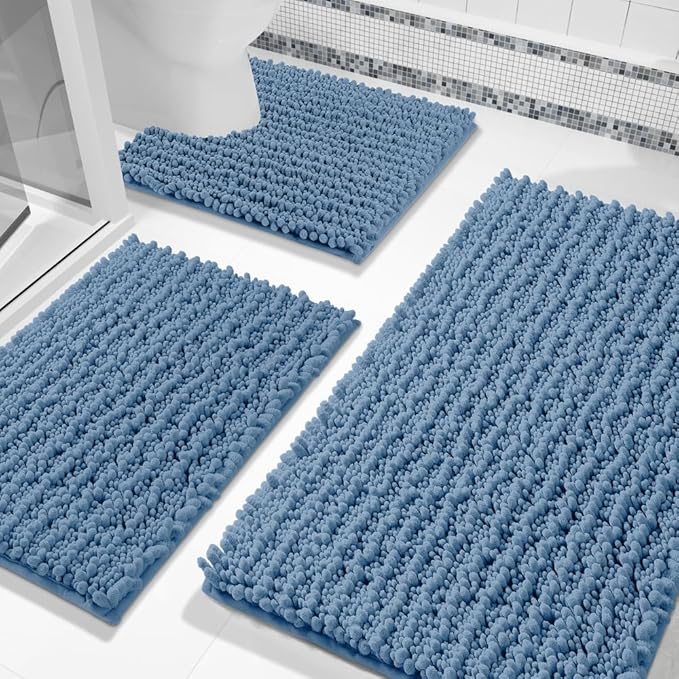 Bathroom Rugs Sets 3 Piece, Fluffy Plush Chenille Bath Room Mats Set