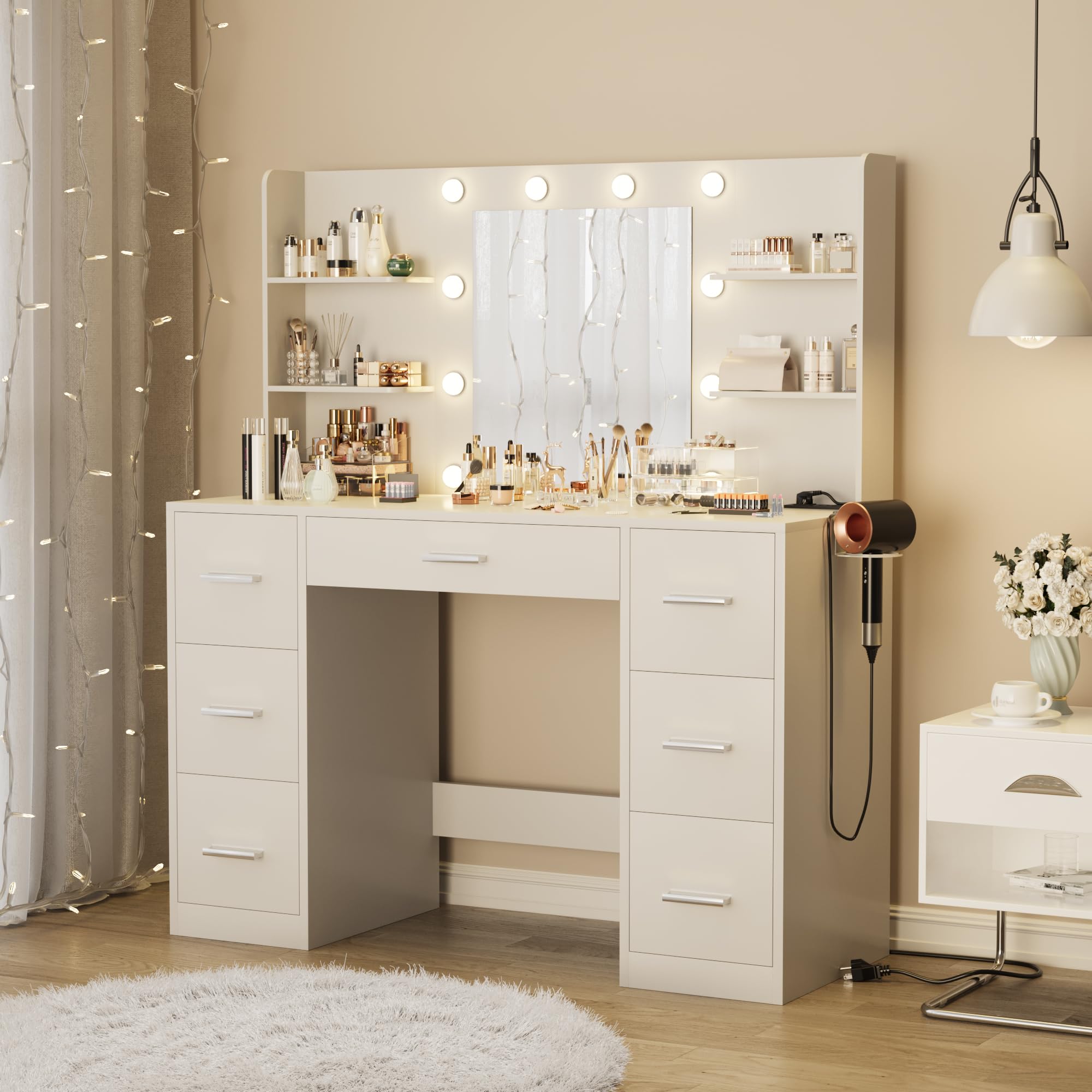 Vanity Desk with Mirror, LED Lights and Power Outlet Makeup Vanity Table