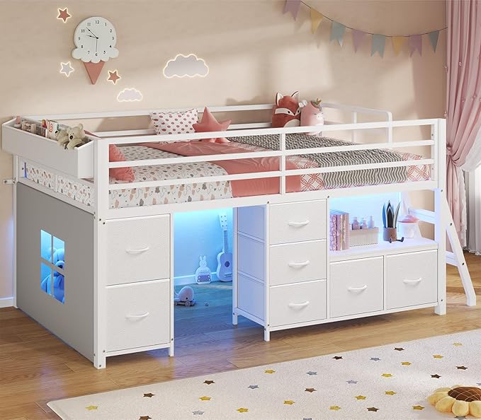 Low Loft Bed Twin Size with 7 Storage Drawers, Bookcase and LED Lights
