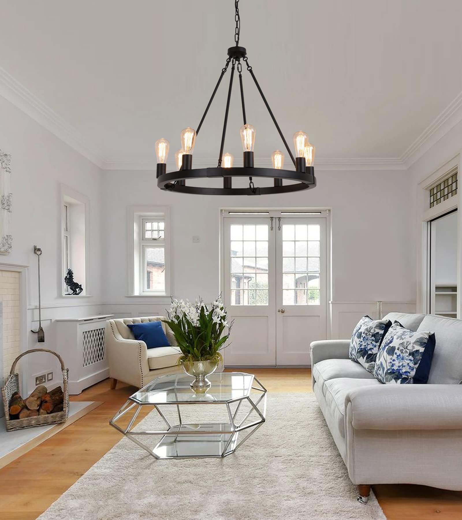 Farmhouse 8-Lights Black Industrial Wagon Wheel Chandelier Light Fixture for Foyer