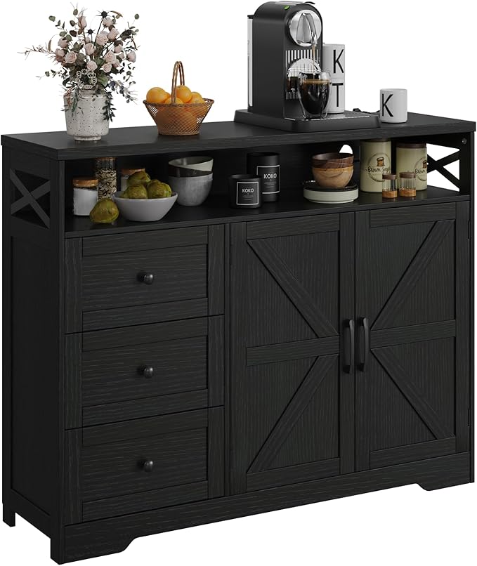 Farmhouse Buffet Cabinet with Drawers & Open Shelf, Sideboard with Storage, Kitchen