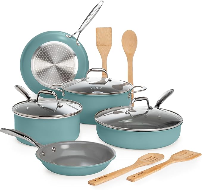 Ceramic Nonstick Pots and Pans Set, Titanium-Reinforced Premium Nonstick Coating