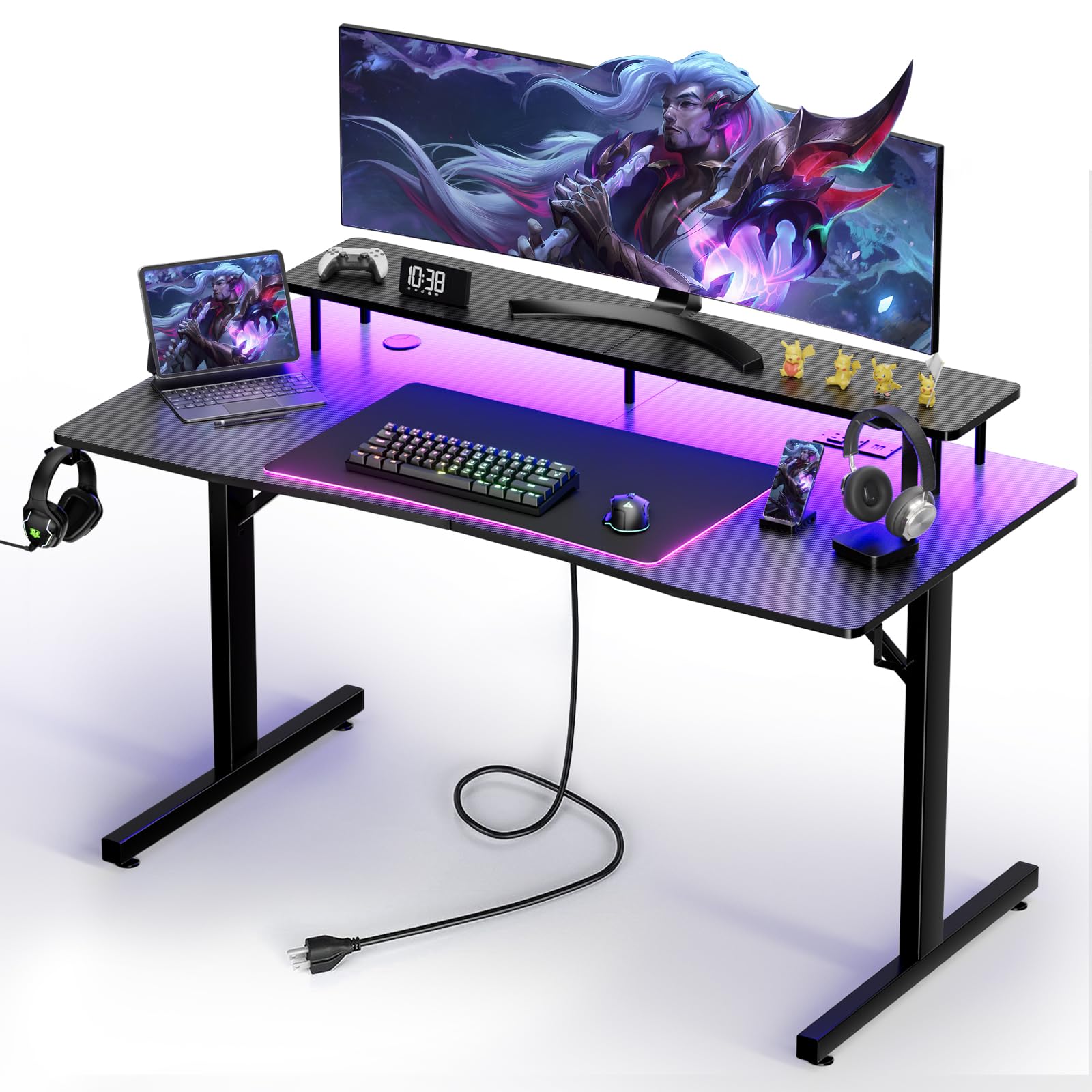 Gaming Desk with LED Lights, 55 Inch Large Computer Gamer Desk