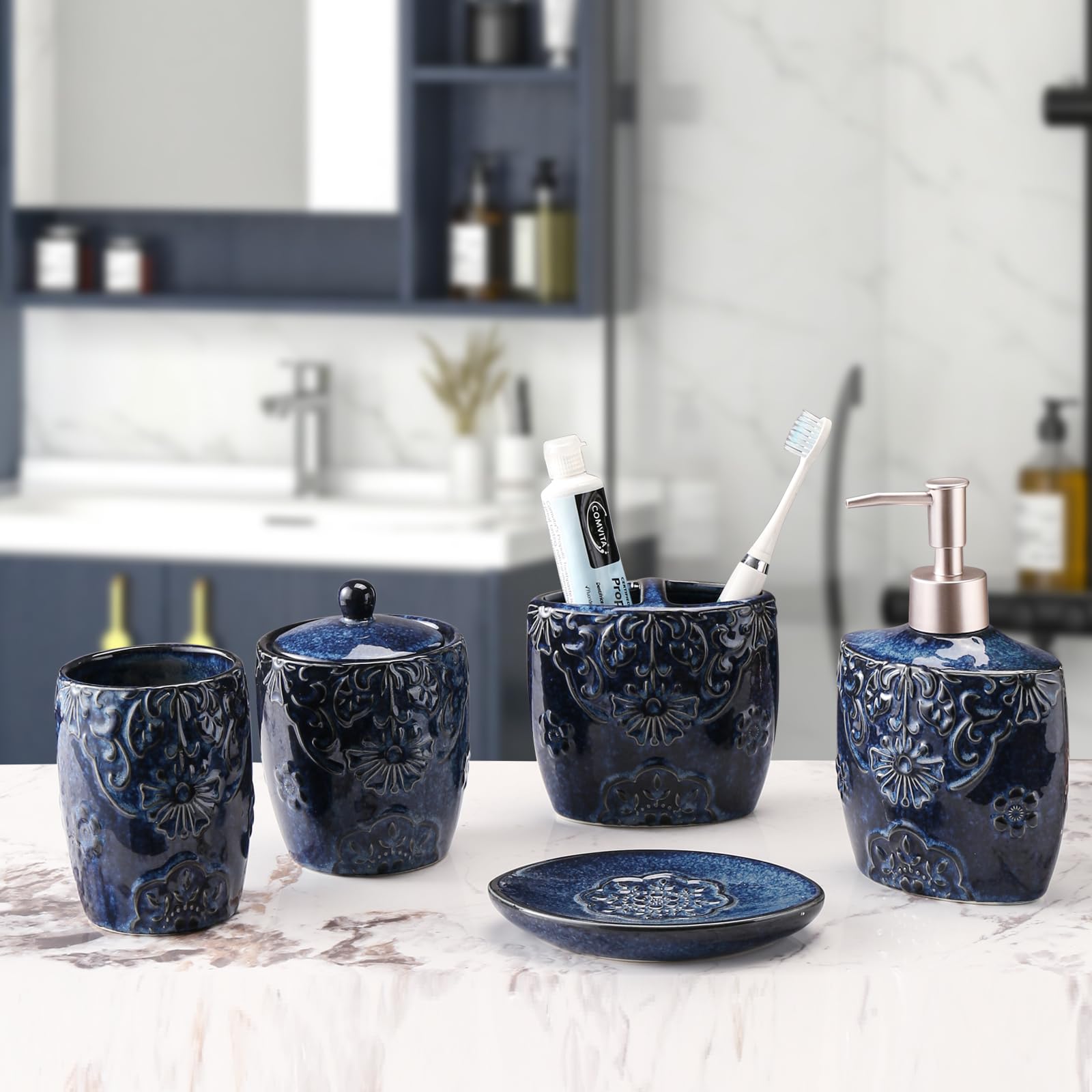 5-Piece Ceramic Bathroom Sink Set - Soap Dispenser & Toothbrush Holder Combo