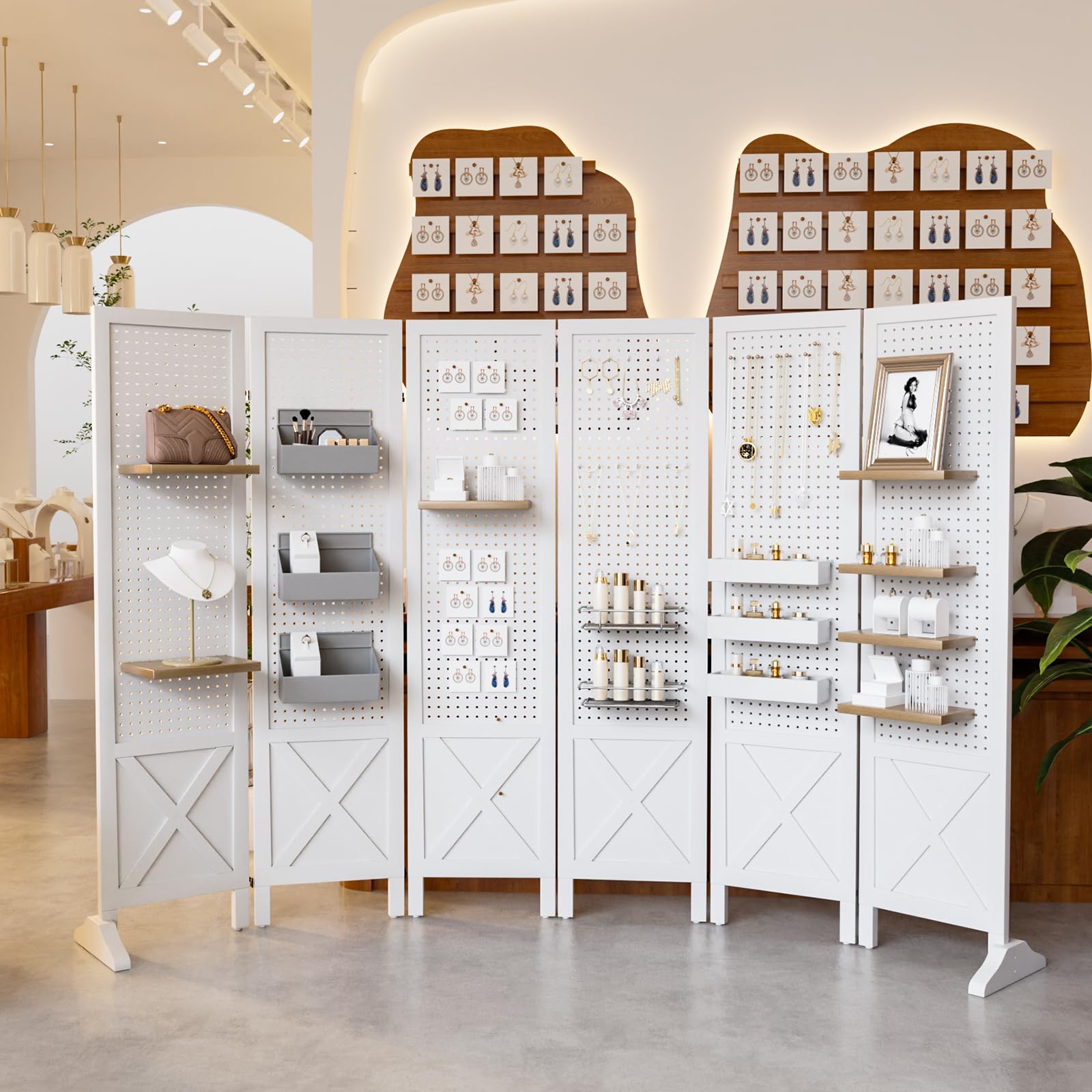 VINGLI Freestanding Pegboard with Support Feet, 5 FT Wood Room Divider Display Board Organizer, Folding Privacy Screen Partition Space Separator for Craft Shows Events Retail (White, 6 Panel)