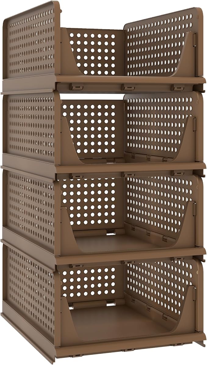 Stackable Plastic Storage Basket, Foldable Closet Organizers and Storage