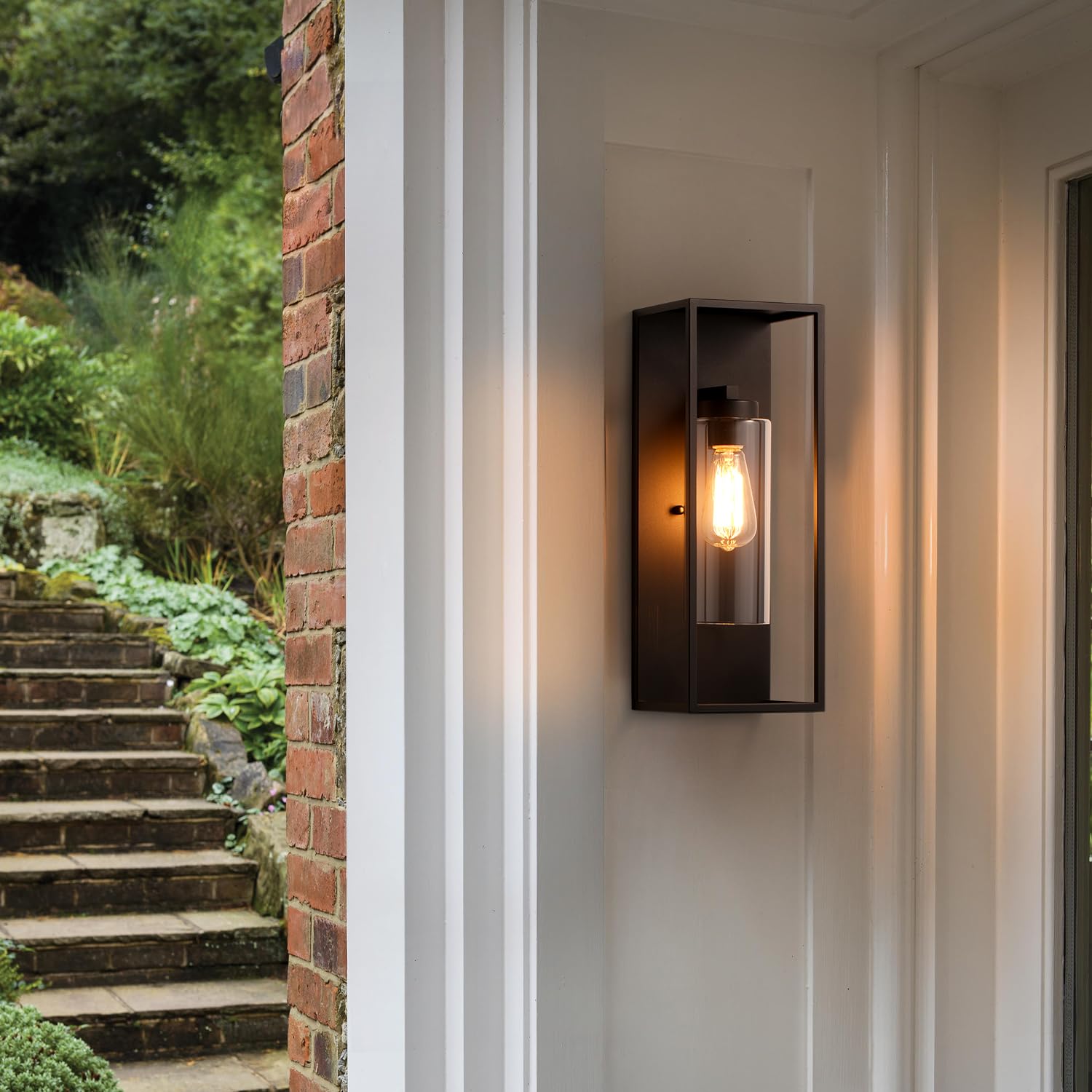 Outdoor Wall Sconce 1 Light in Cylinder Glass Shade and Matte Black Rectangular